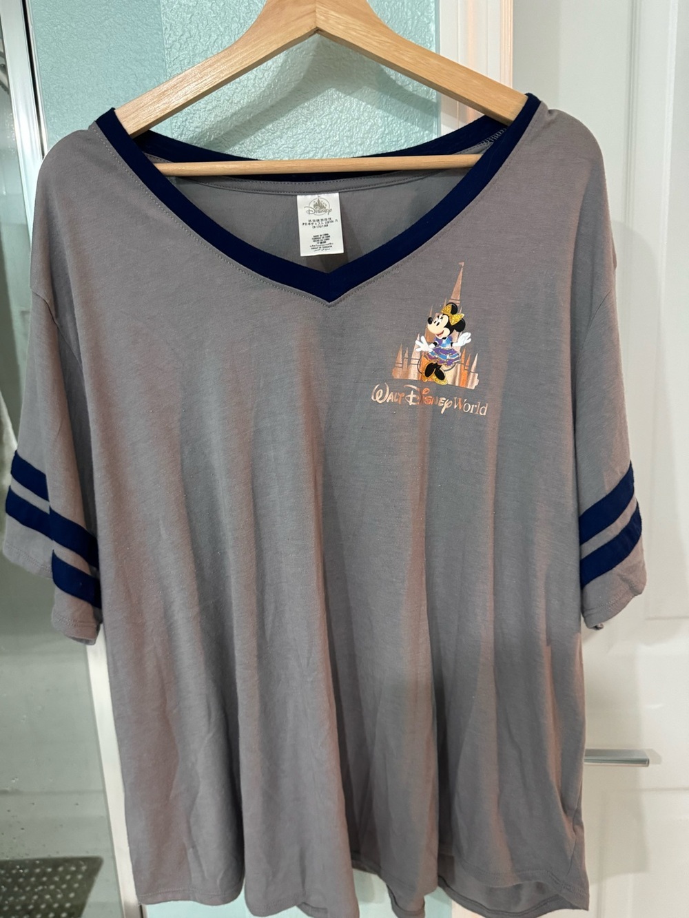 Disney Gray V-Neck Tee with Navy Trim and Mickey Graphic